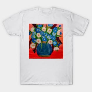 Some mixed abstract flowers in a blue and gold vase T-Shirt